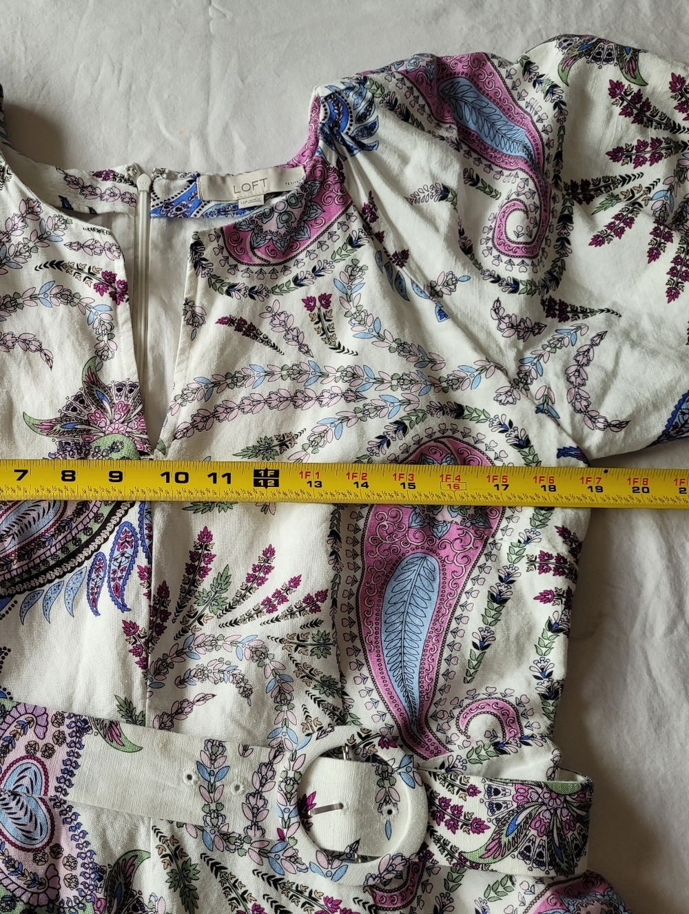 LOFT Women's  Paisley Linen Blend Puffed Sleeve Belted Dress Petite Size 12P - Picture 8 of 14